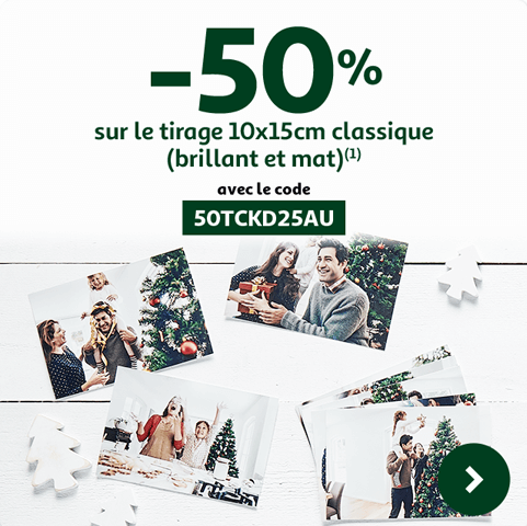 -50% sur le tirage 10x15cm (brillant & mat) (1) avec le code 50TCKD25AU